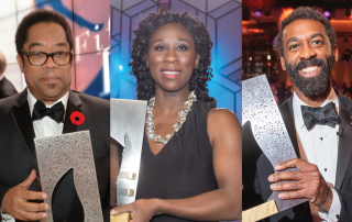 Three photos side by side: Andre Alexis, Esi Edugyan and Ian Williams each holding the Giller Prize trophy