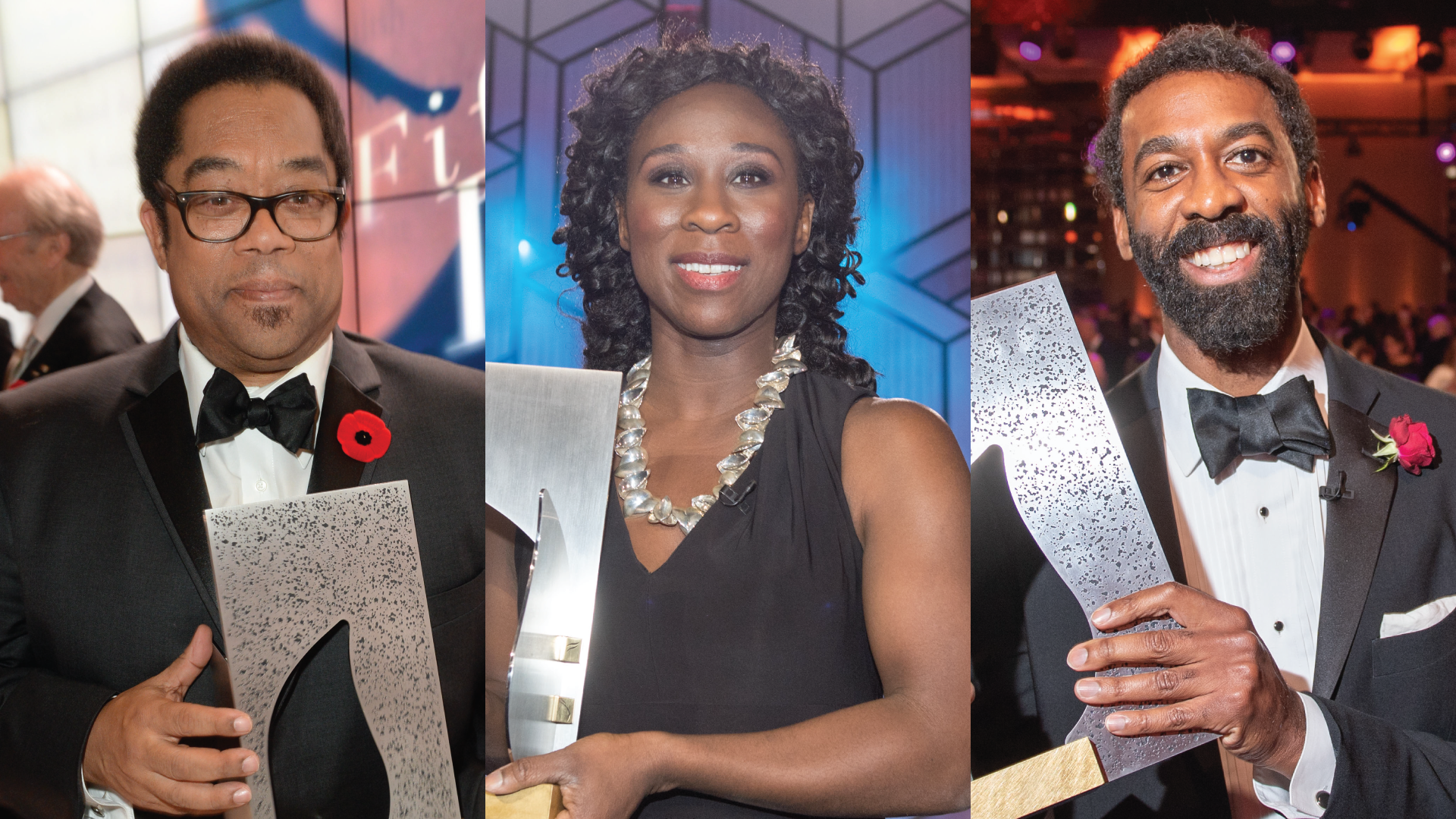 Three photos side by side: Andre Alexis, Esi Edugyan and Ian Williams each holding the Giller Prize trophy