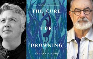 A book cover titled The Cure for Drowning by Loghan Paylor. To the left of the book cover is a photo of Loghan Paylor. To the right of the book cover is a photo of Wayne Grady.