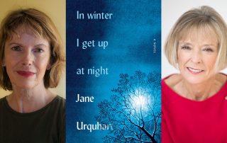 A book cover titled In Winter I Get Up At Night by Jane Urquhart. To the left of the book cover is a photo of Jane Urquhart. To the right of the book cover is a photo of Charlotte Gray.