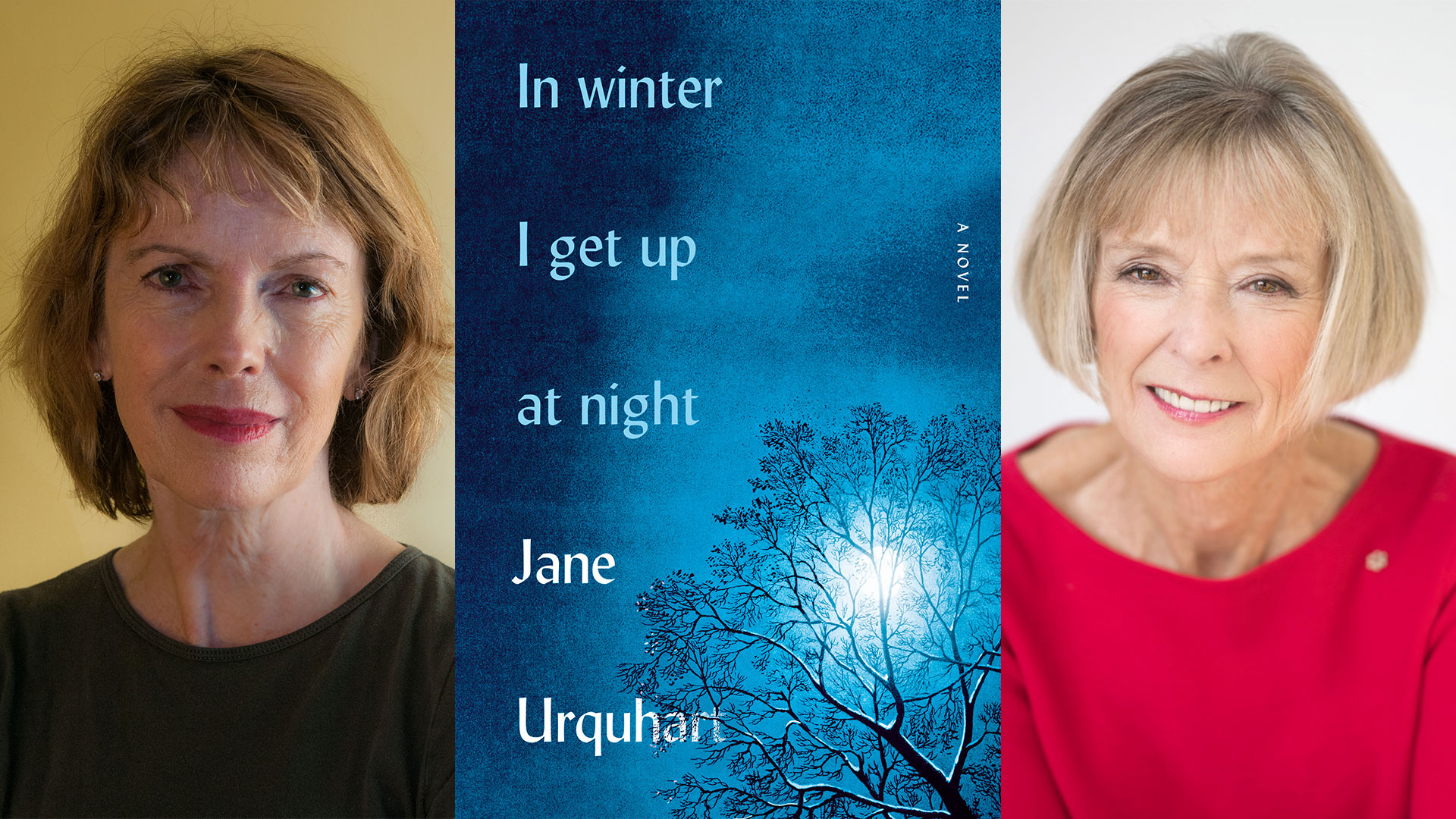 A book cover titled In Winter I Get Up At Night by Jane Urquhart. To the left of the book cover is a photo of Jane Urquhart. To the right of the book cover is a photo of Charlotte Gray.