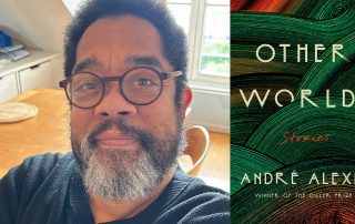 André Alexis' headshot beside the Other Worlds book cover