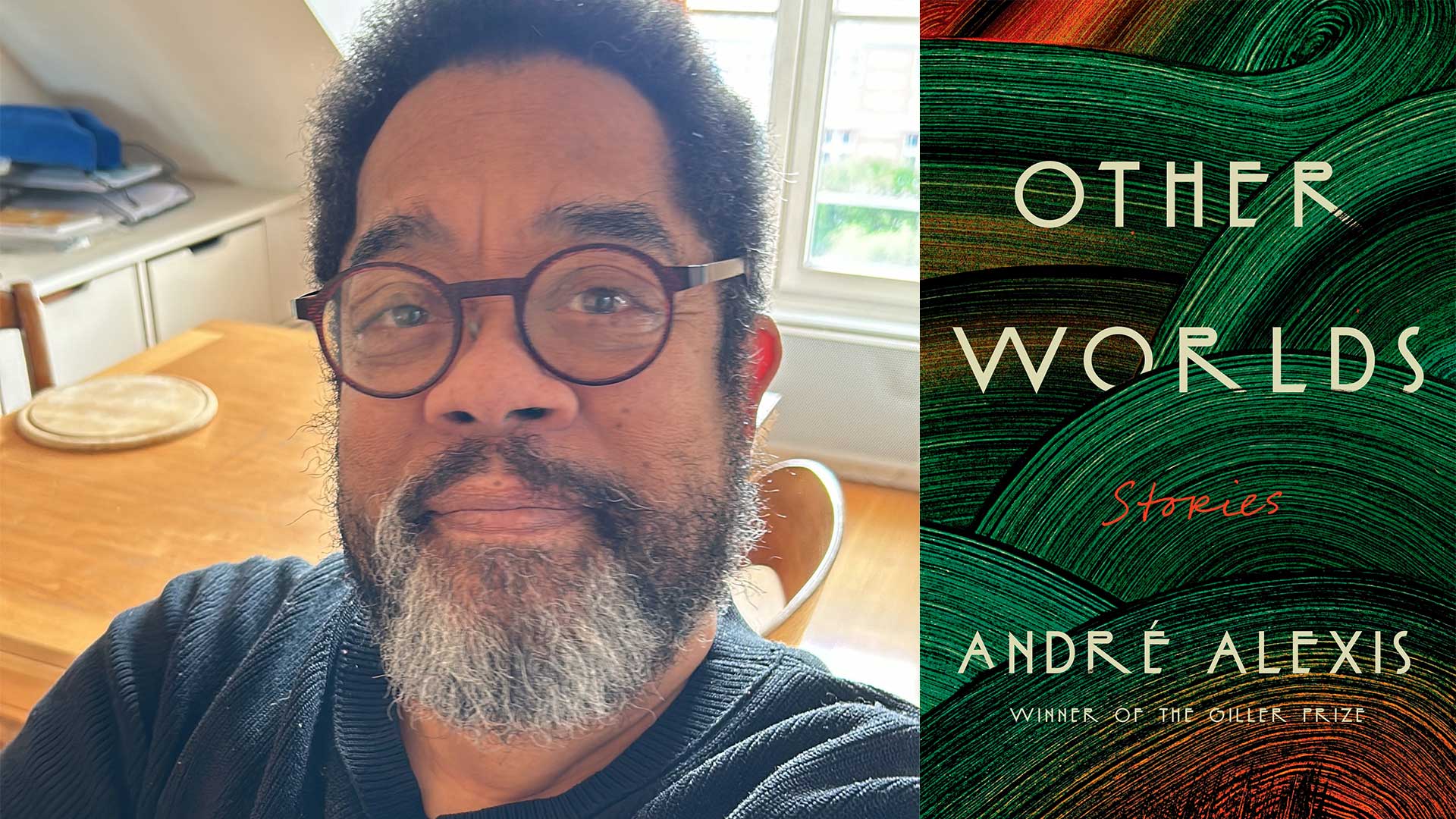 André Alexis' headshot beside the Other Worlds book cover