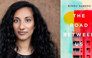 Bindu Suresh's headshot beside The Road Between Us book cover