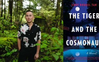 Eddy Boudel Tan's headshot beside The Tiger and the Cosmonaut book cover