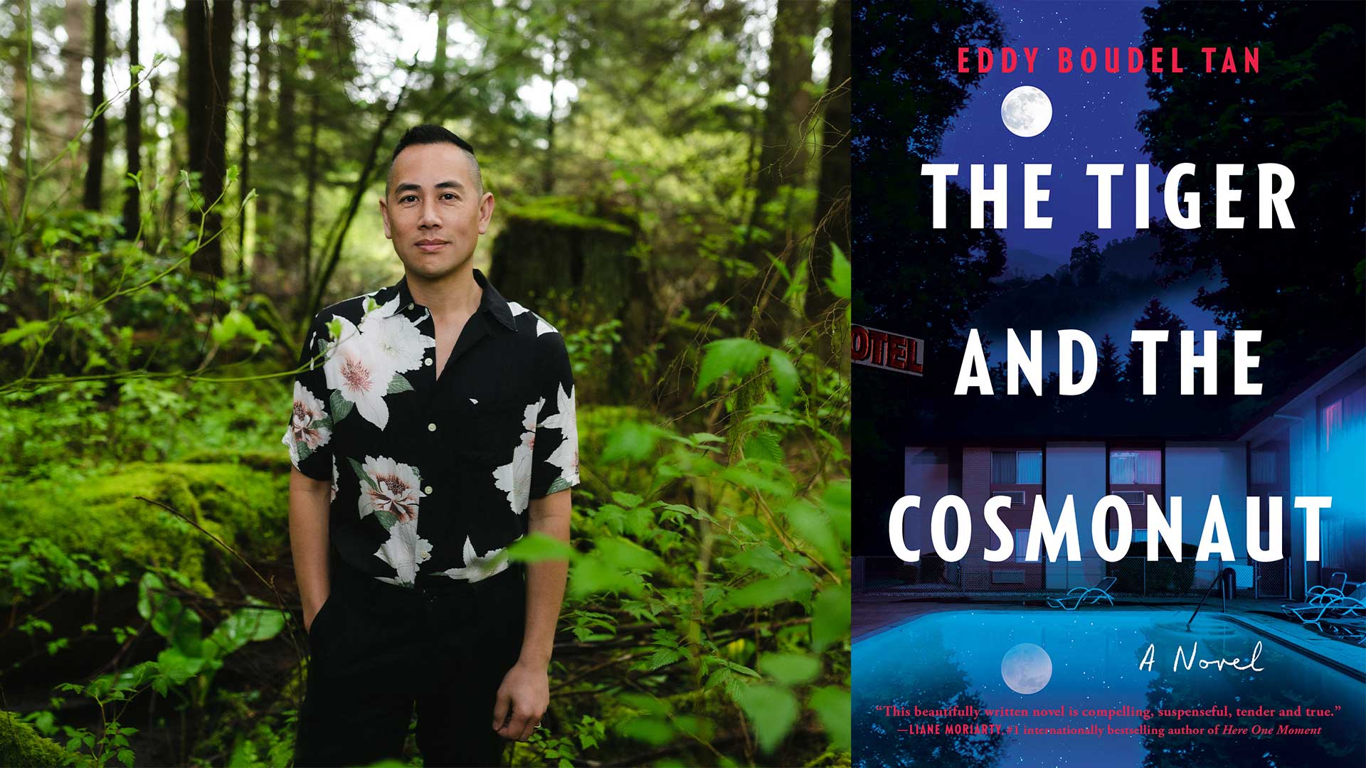 Eddy Boudel Tan's headshot beside The Tiger and the Cosmonaut book cover