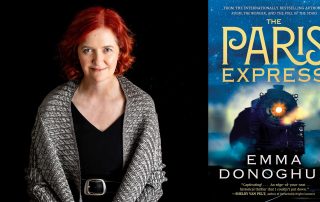 Emma Donoghue's headshot beside The Paris Express book cover