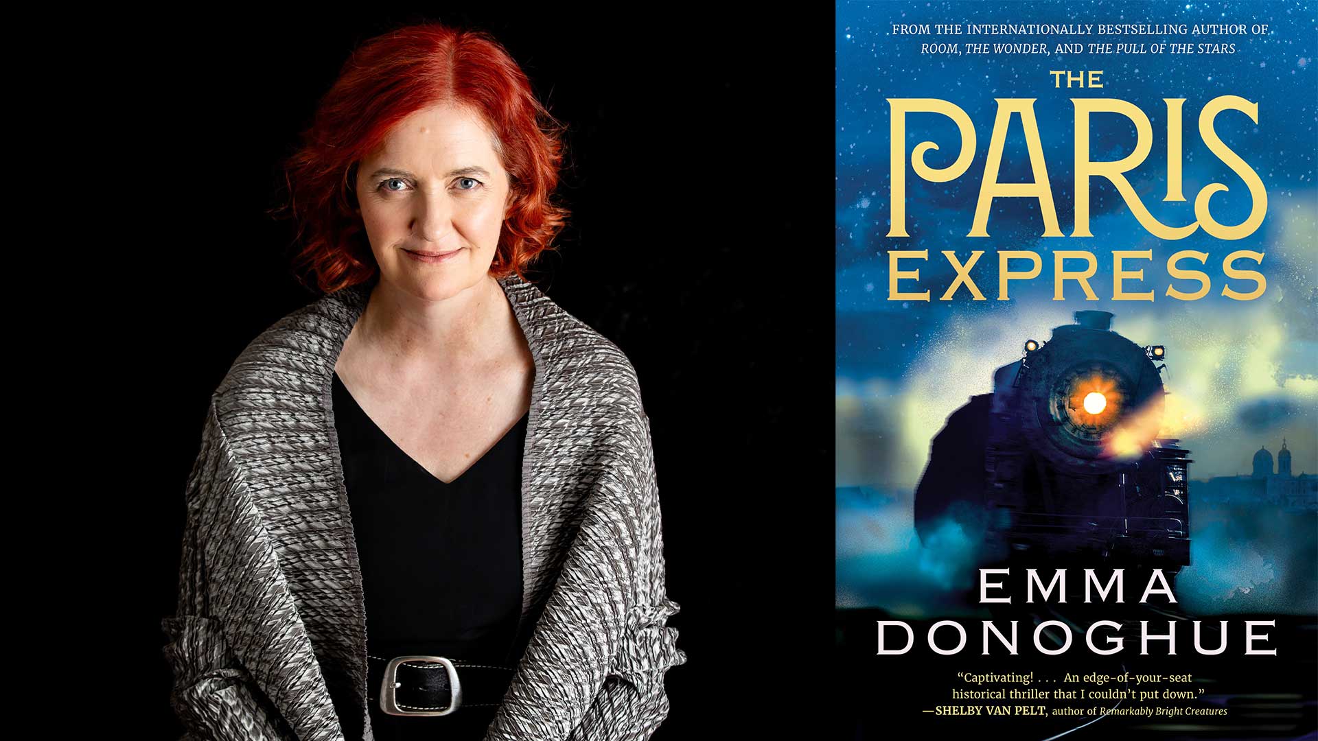 Emma Donoghue's headshot beside The Paris Express book cover