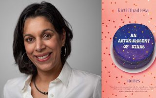 Kirti Bhadresa's headshot beside the An Astonishment of Stars book cover