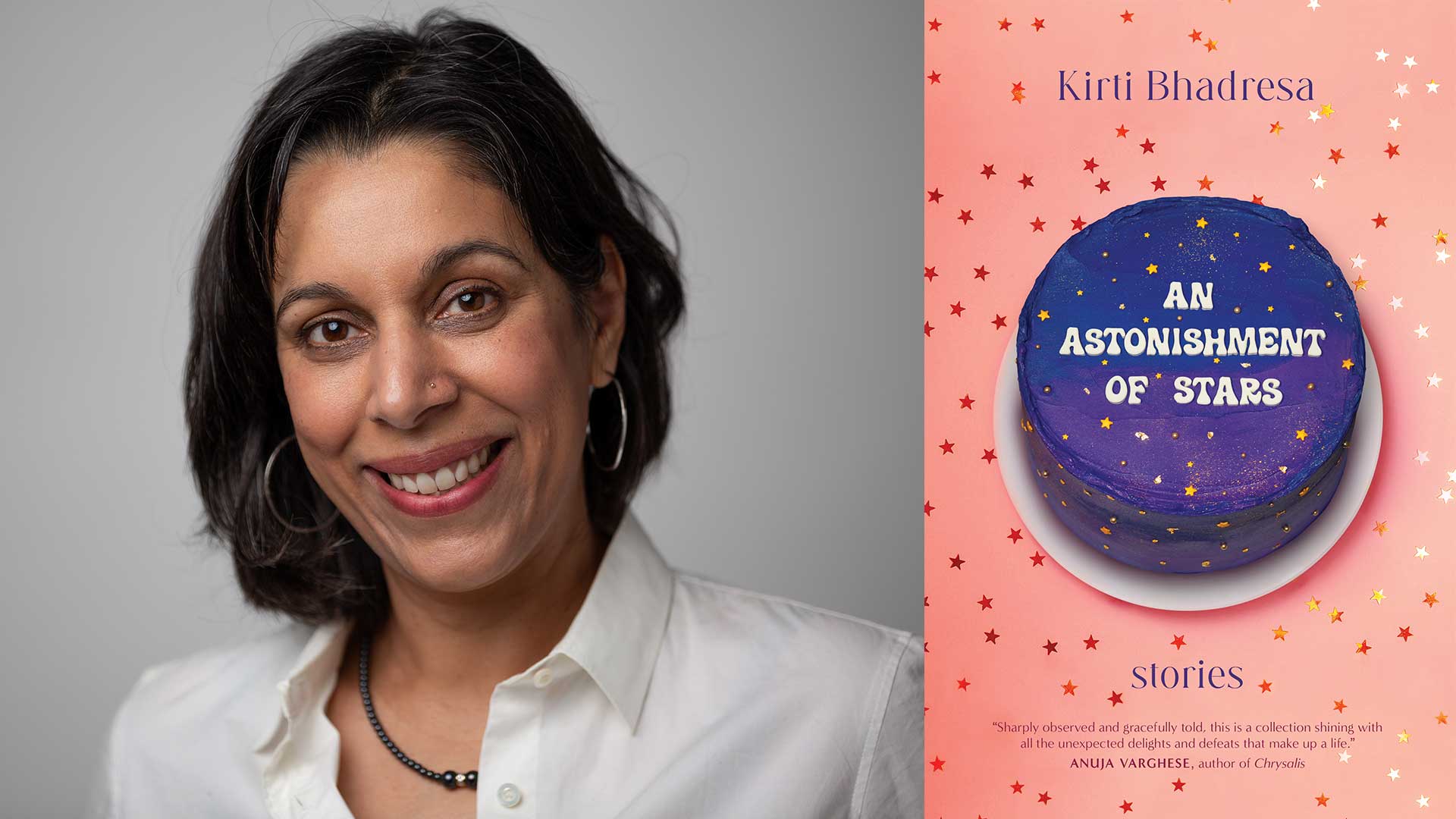 Kirti Bhadresa's headshot beside the An Astonishment of Stars book cover